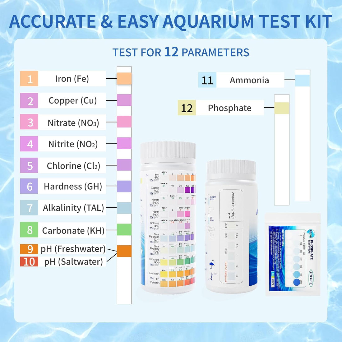 12 in 1 Accurate Aquarium Test Kit, Fresh and Salt Water Test Strips