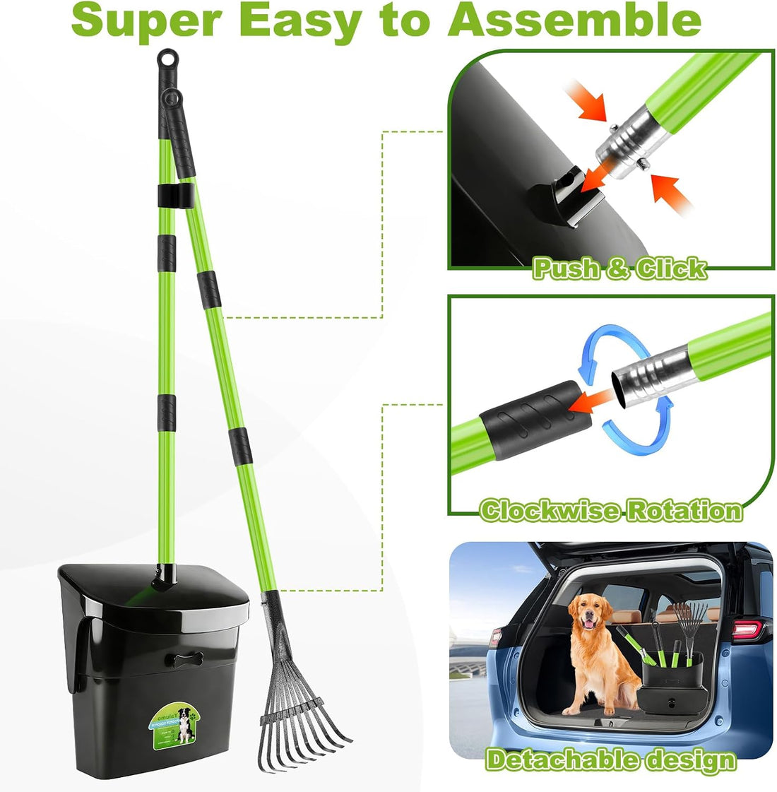Pooper Scooper Swivel Bin & Rake with 50 Waste Bags