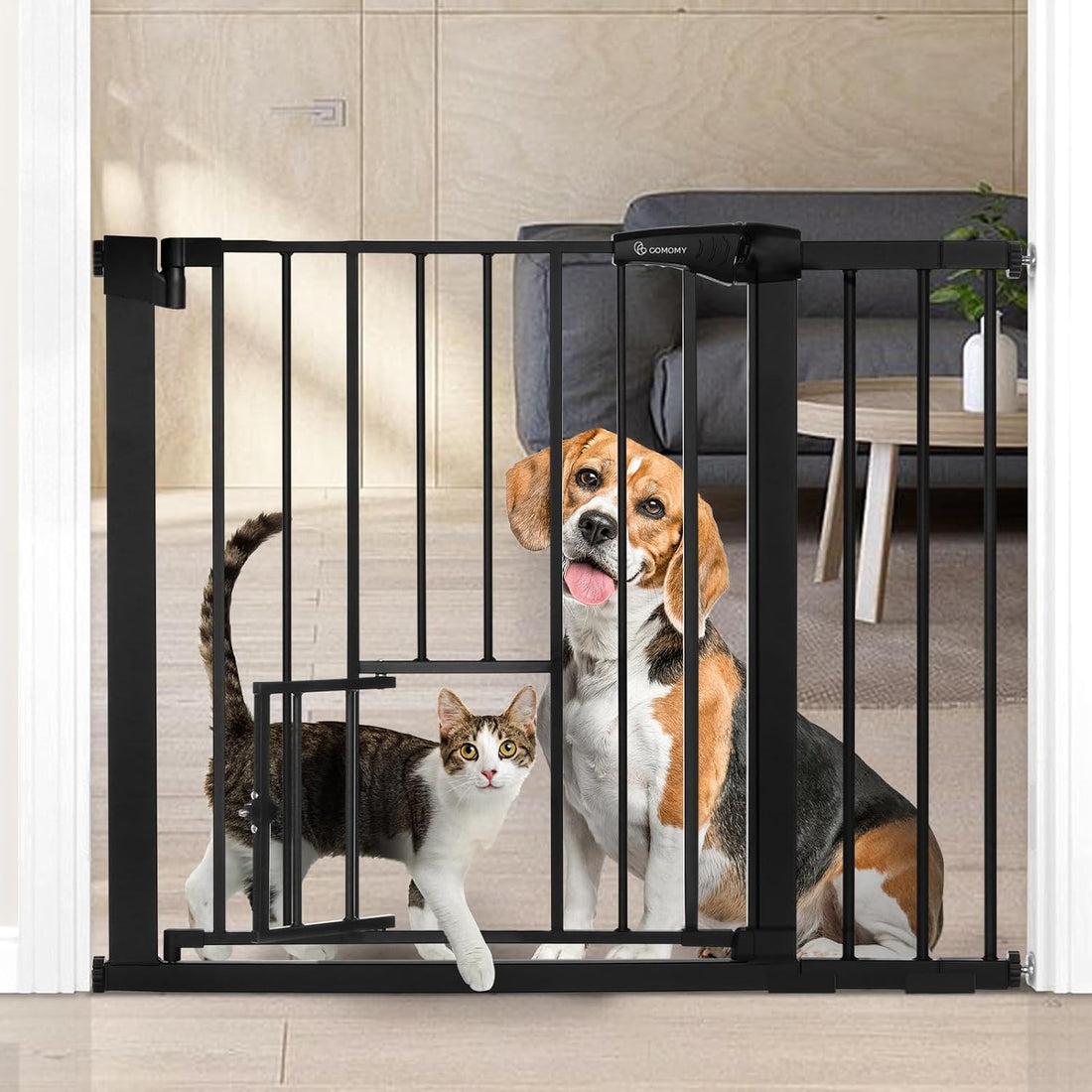 COMOMY Auto Close Pet Gate with Cat Door