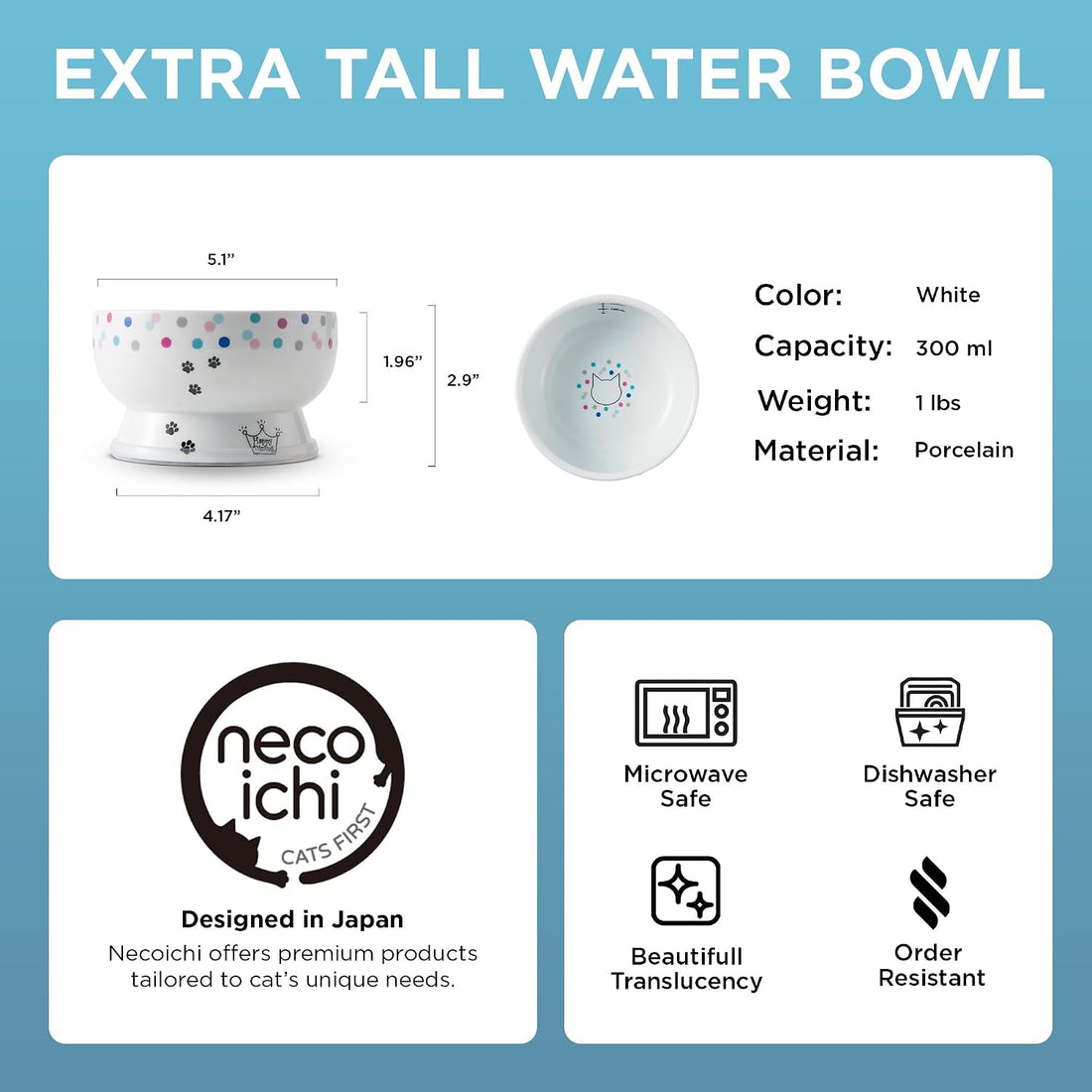 Necoichi Porcelain Elevated Cat Water Bowl, Whisker-Friendly