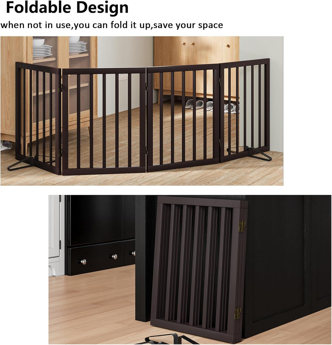 Wooden Dog Gate Freestanding Foldable 4 Panel Pet Gates Extra Wide