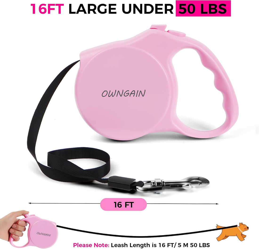Pink Retractable Dog Leash,Strong Nylon Tape-One-Handed One Button