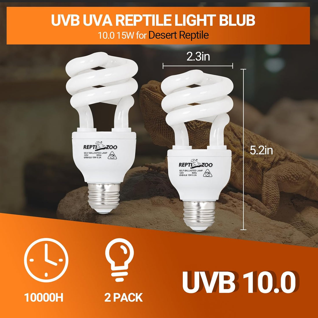 REPTI ZOO UVB Light for Desert Reptile 2 Pack