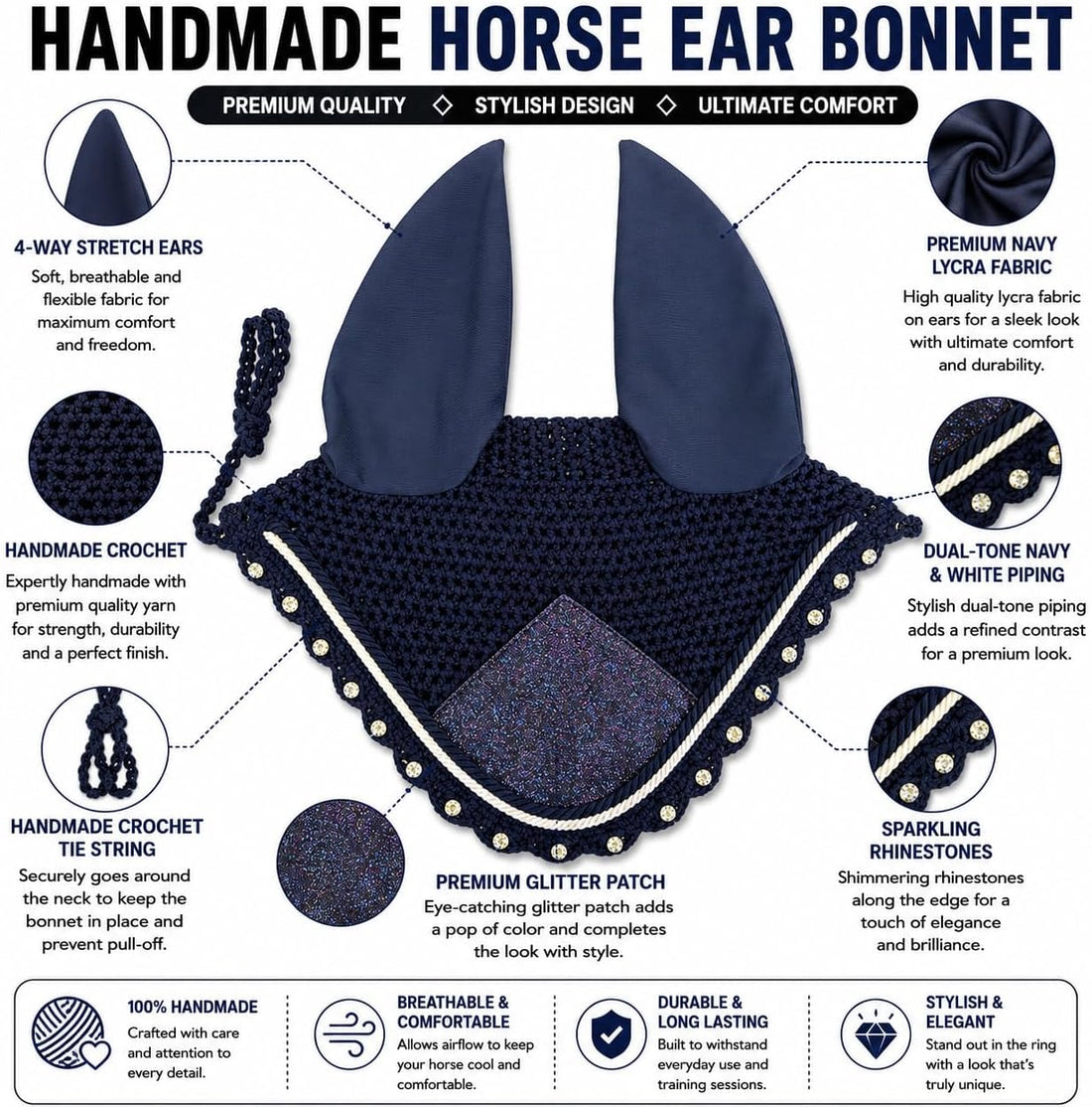 Horse Ear Bonnet for Horses – Handmade Crochet Fly Veil with Crystal
