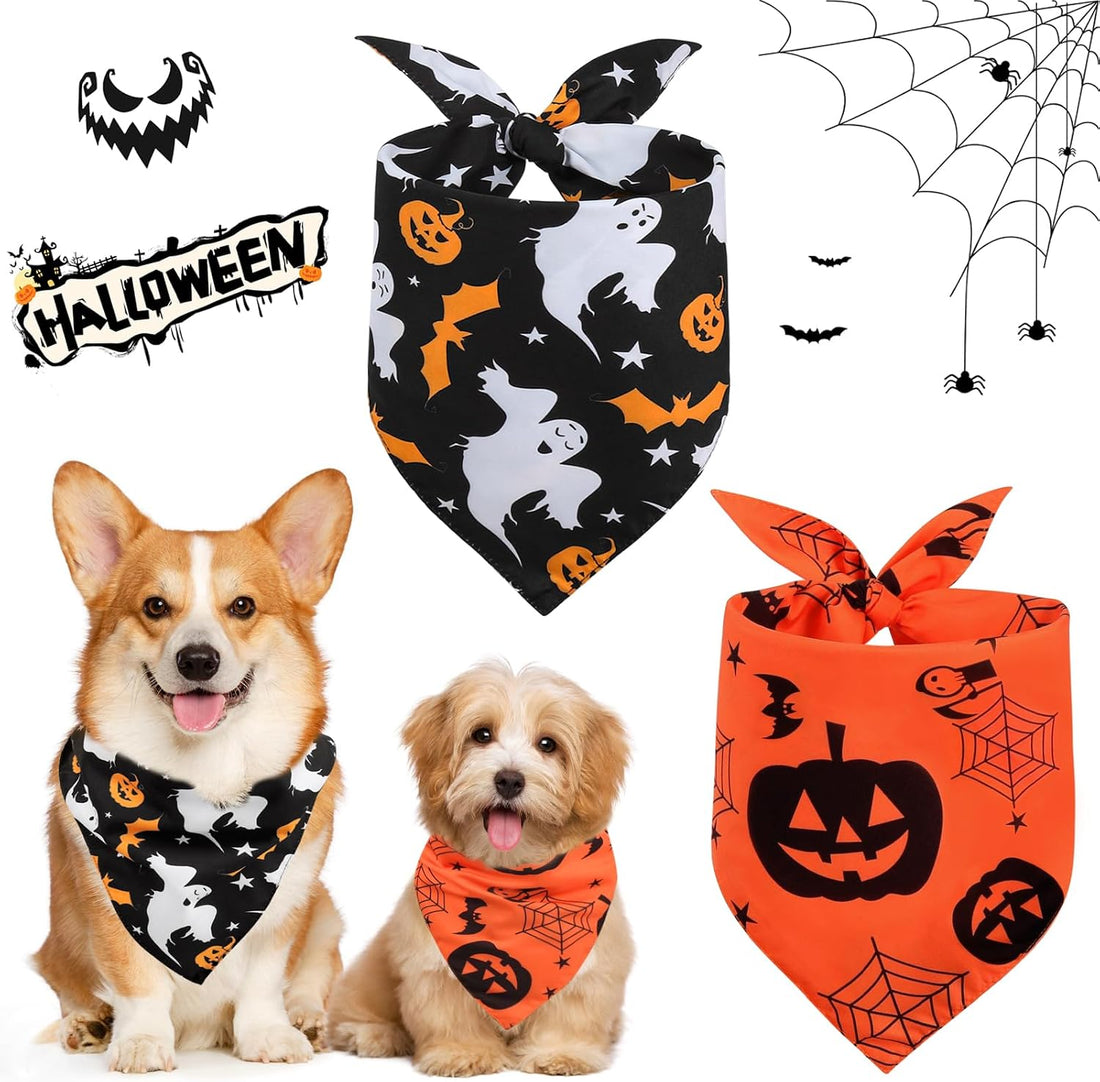 Vivifying 2 Pack Halloween Dog Bandanas, Spooky and Pumpkins Pattern