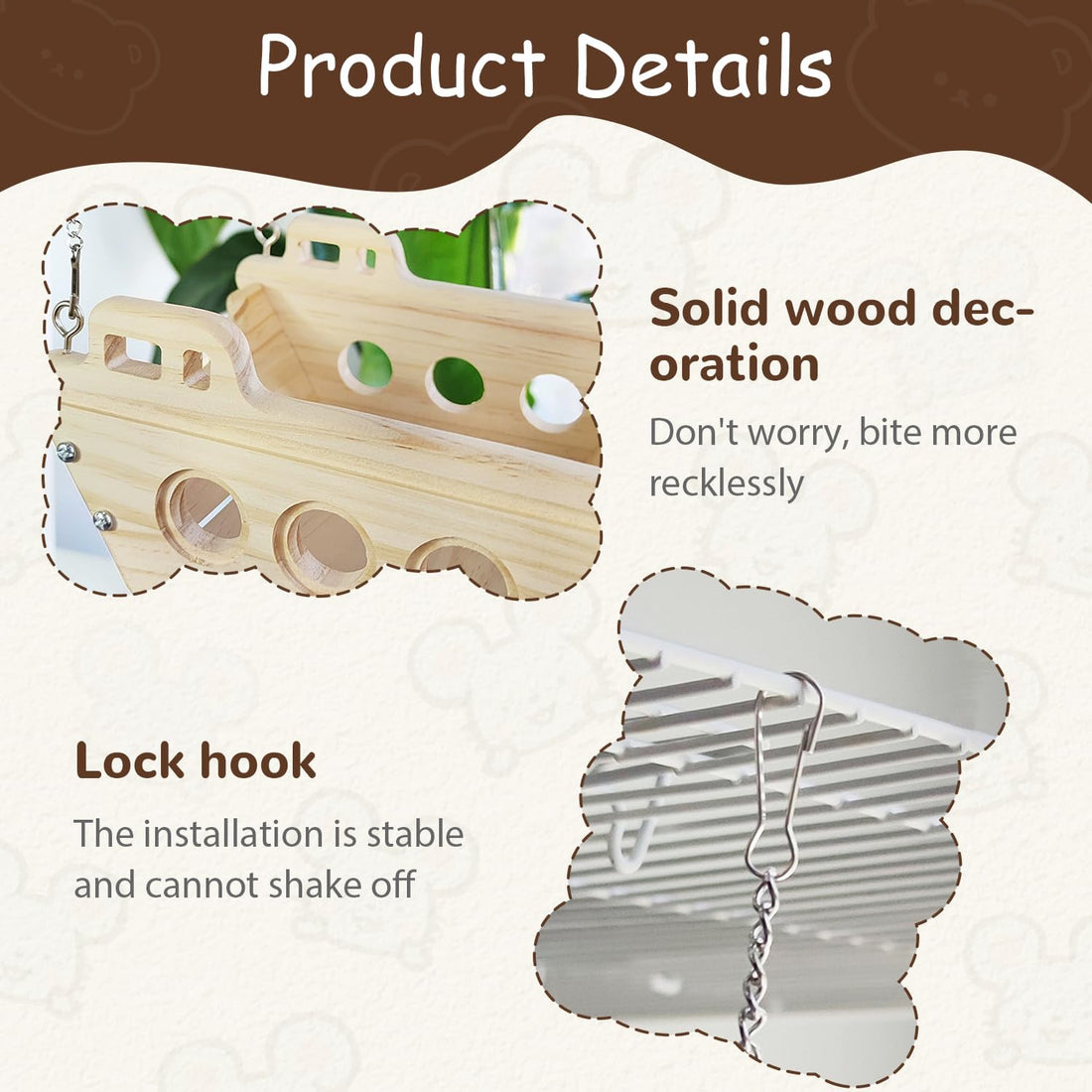 Natural Wood Chinchilla Toy Hammock for Cage Swing