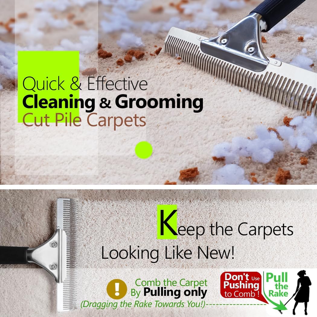 Pet Hair Carpet Rake, Multi-Surface Brush & Broom for Fluffy Rugs