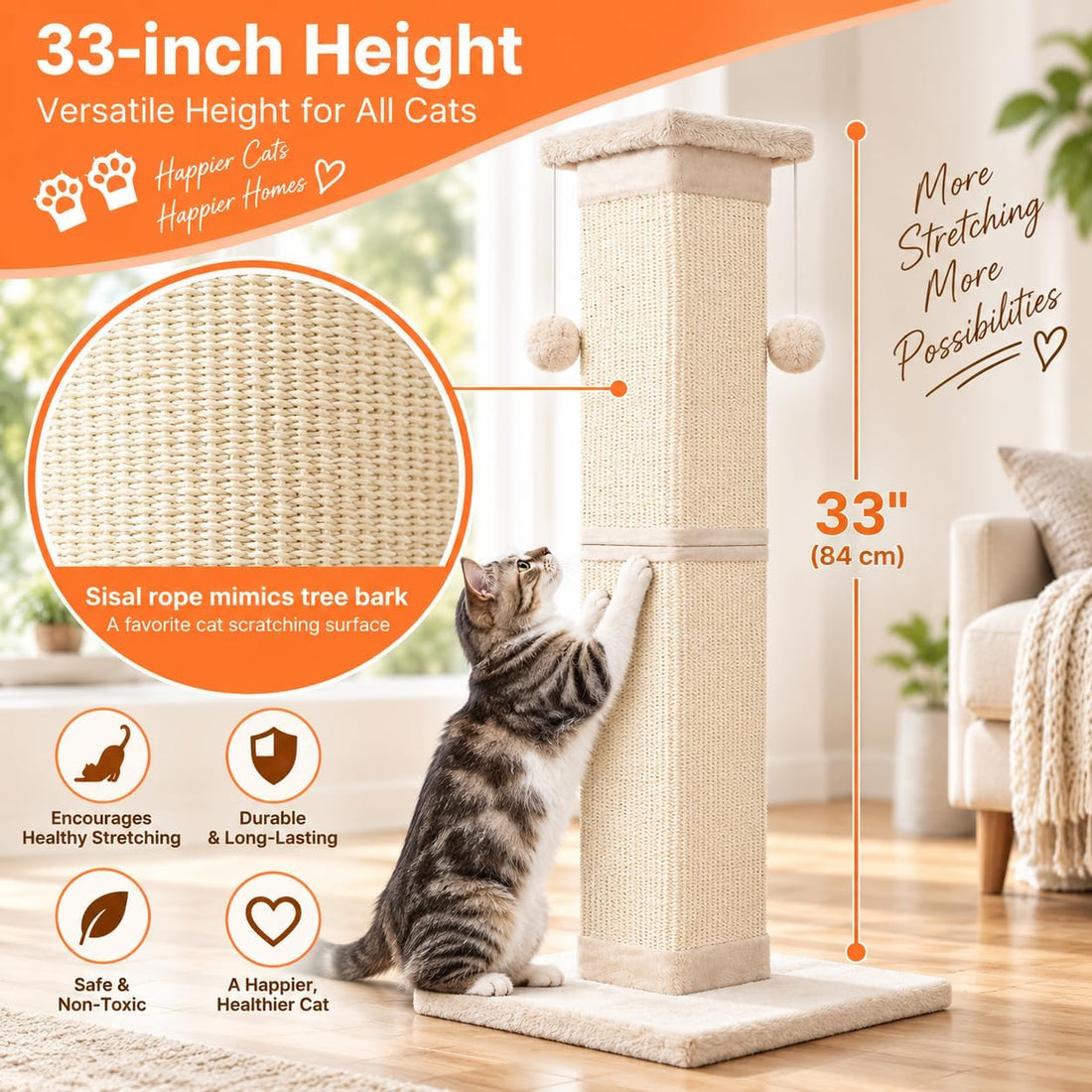SOCATER Cat Scratching Post 33 Inch Nature Sisal Cat Scratch Post