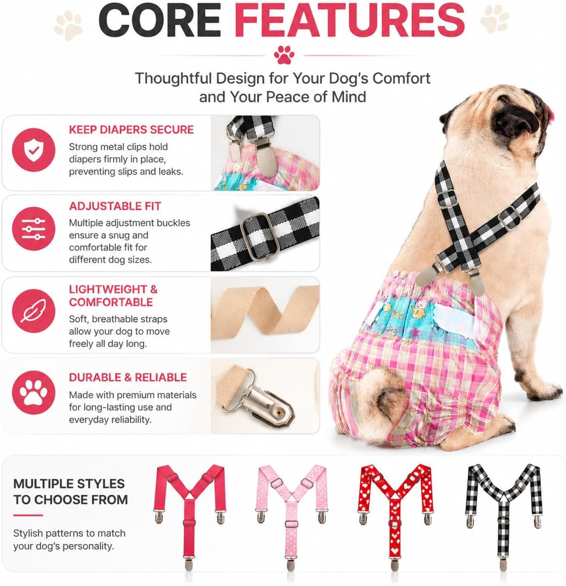 3 Pack Adjustable Dog Diaper Suspenders for Female Male Small Medium