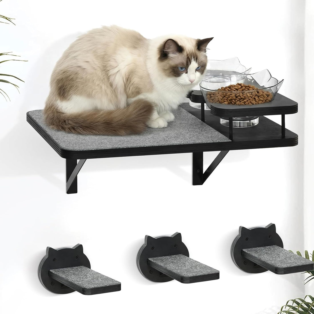 Cat Wall Shelves Furniture Set with 2 Food Bowls