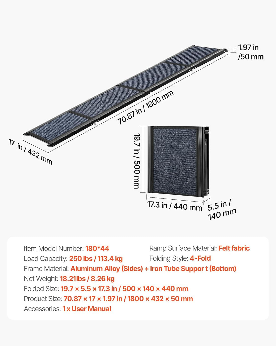 VEVOR Dog Ramp for Cars, 71" L x 17" W