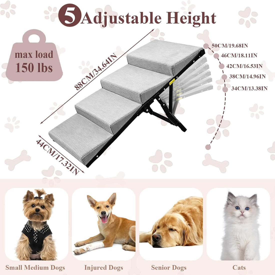 Adjustable Dog Ramp for Bed, 5-Level Pet Stairs 150 lbs Capacity
