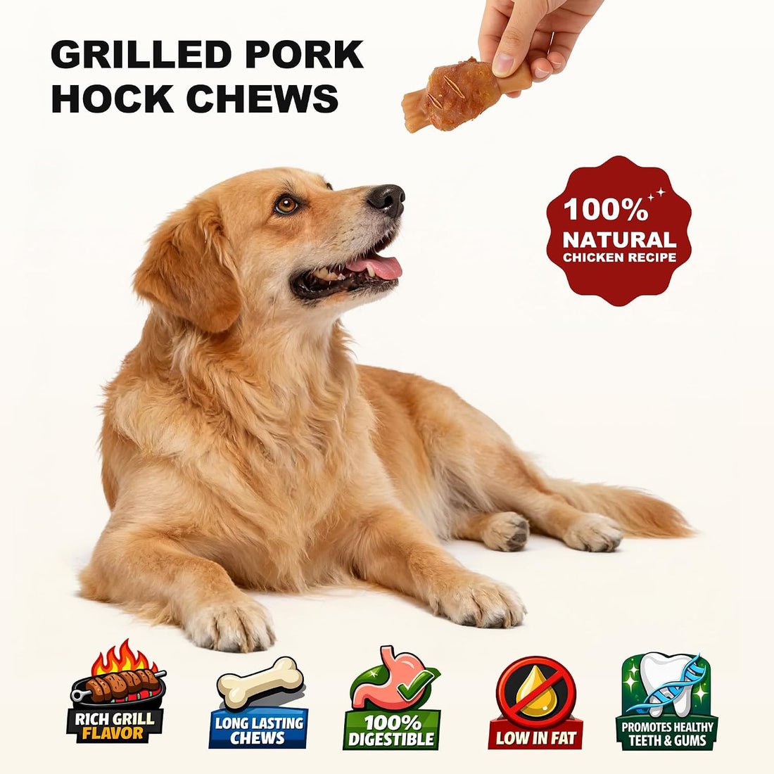 PETPHABET Rawhide Free Dog Chew Bones, Grilled Pork Hock, 12 Count