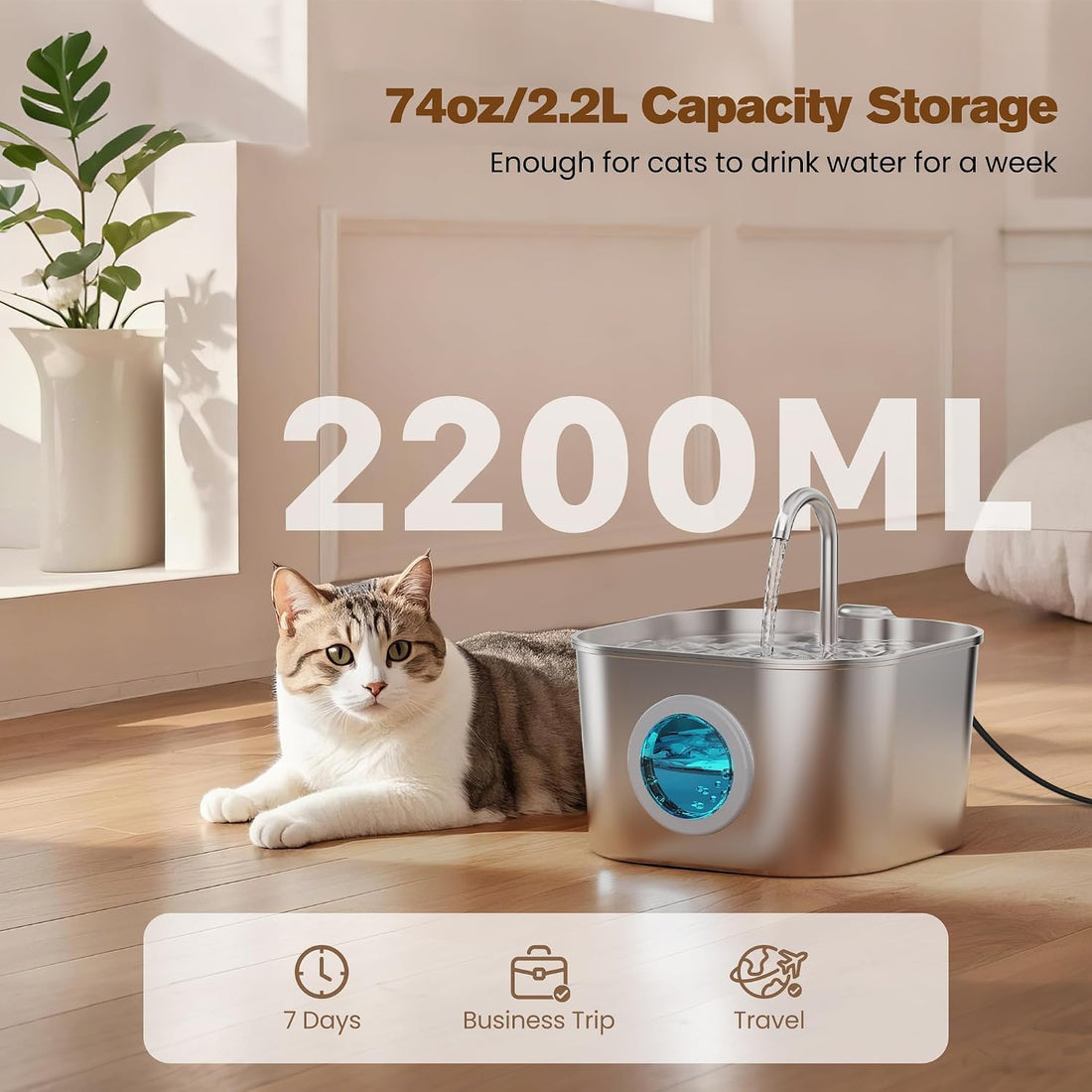 74oz Stainless Steel Cat Water Fountain with 8 Filters + 5 Sponges
