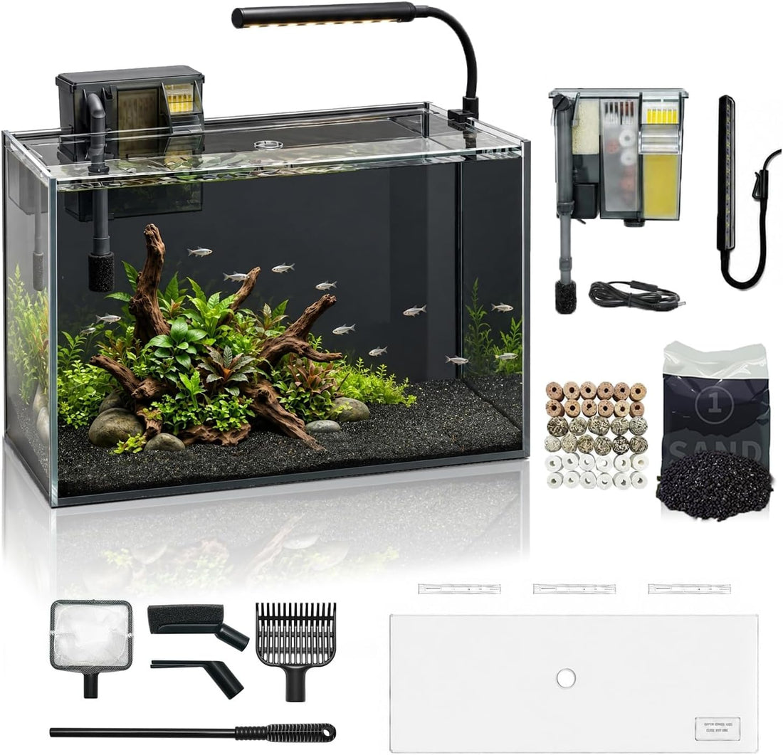 1.25 Gallon Fish Tank Small Glass Aquarium Kit Starter Set Dark