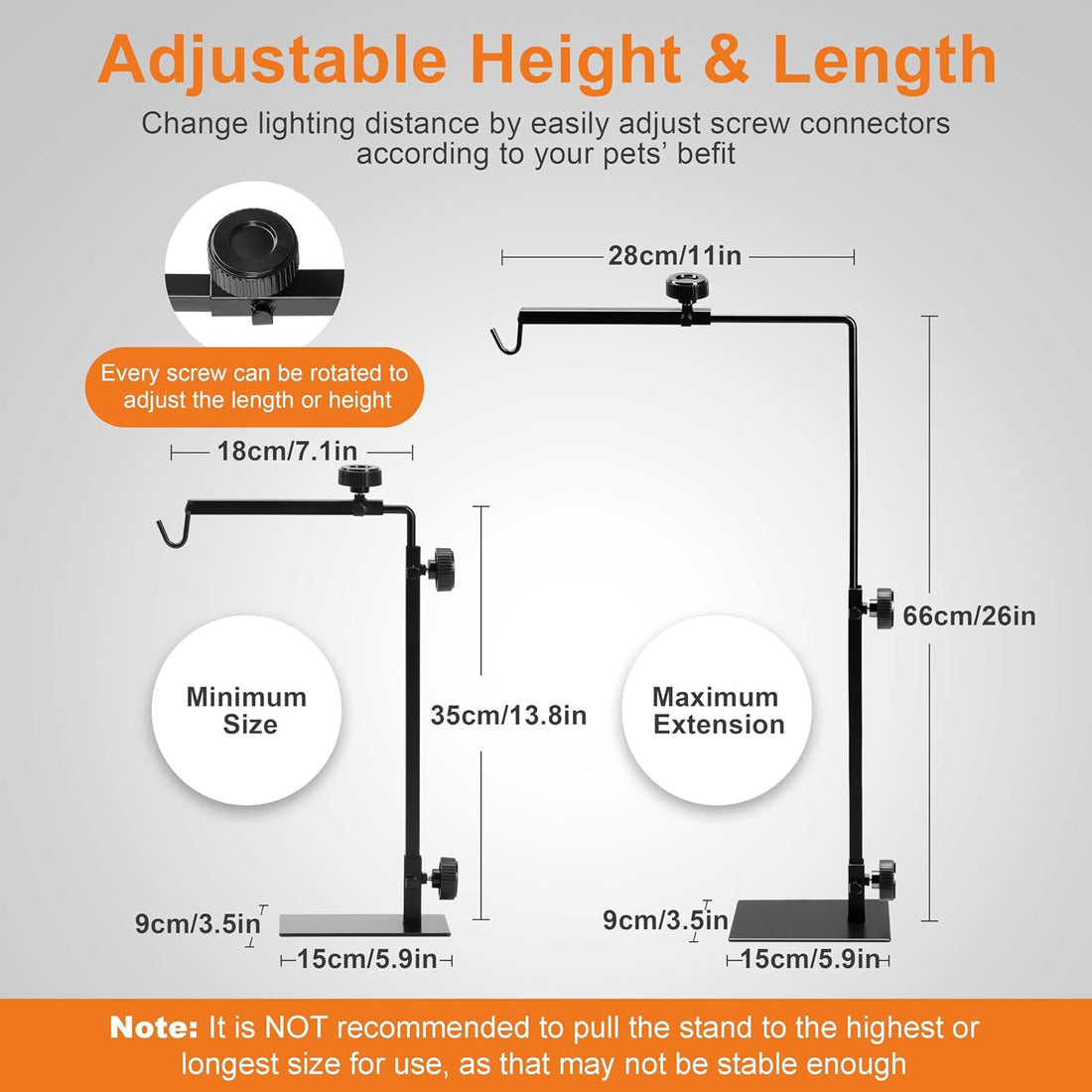 Simple Deluxe Reptile Lamp Stand Adjustable 14-26 inch Metal Bracket