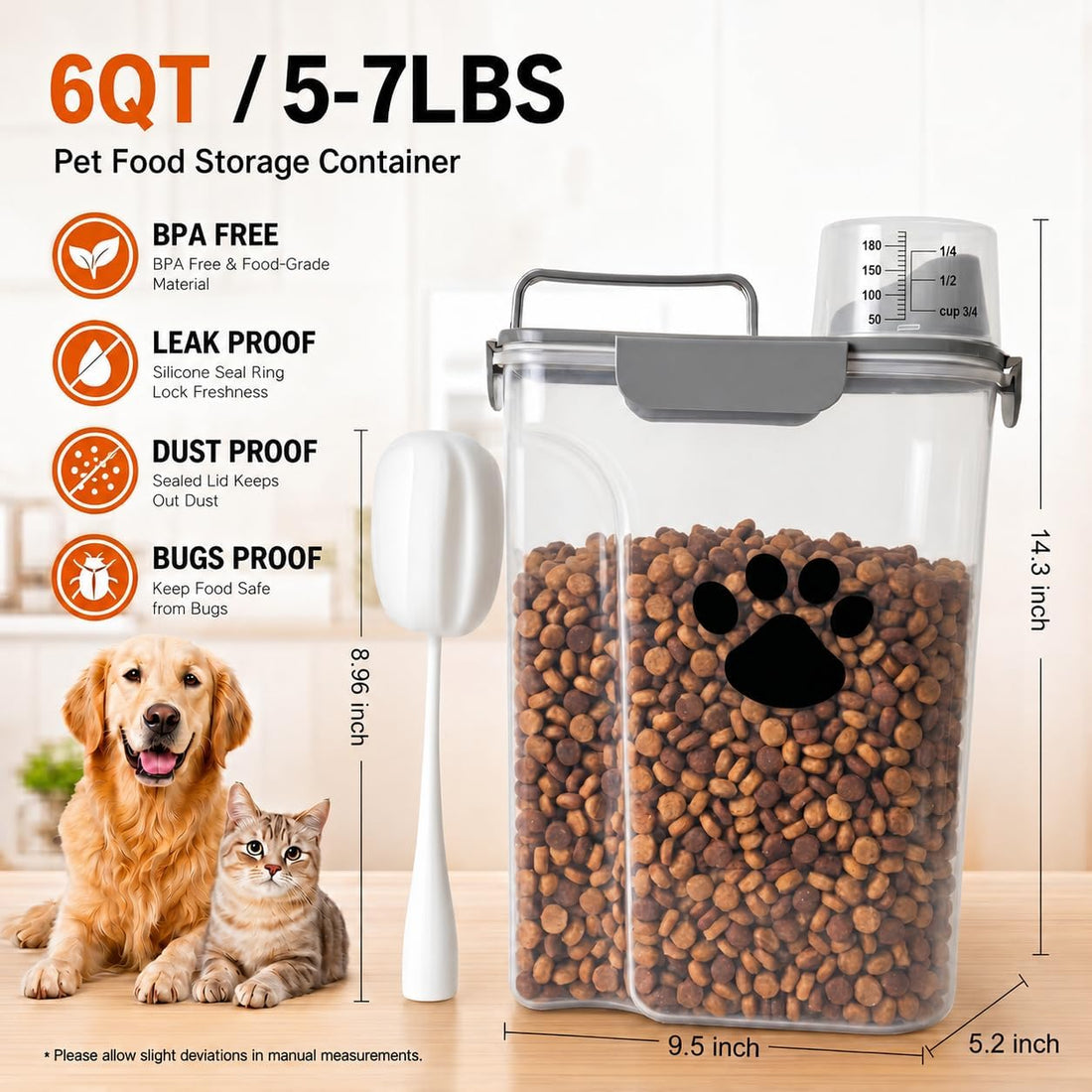 5-7Lbs Airtight Dog Cat Food Storage Container with cleaning brush