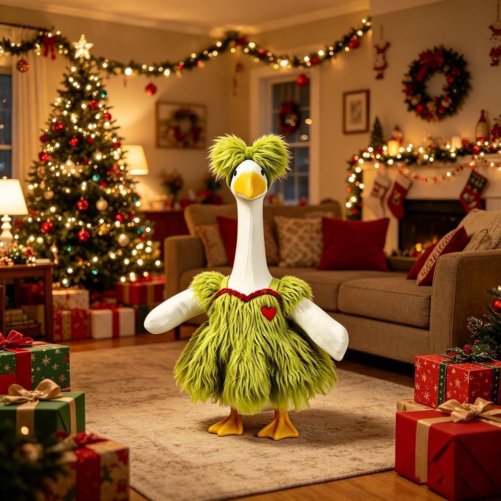 Green Fur Christmas Porch Goose Outfit for 23 Inch Lawn Goose Xmas