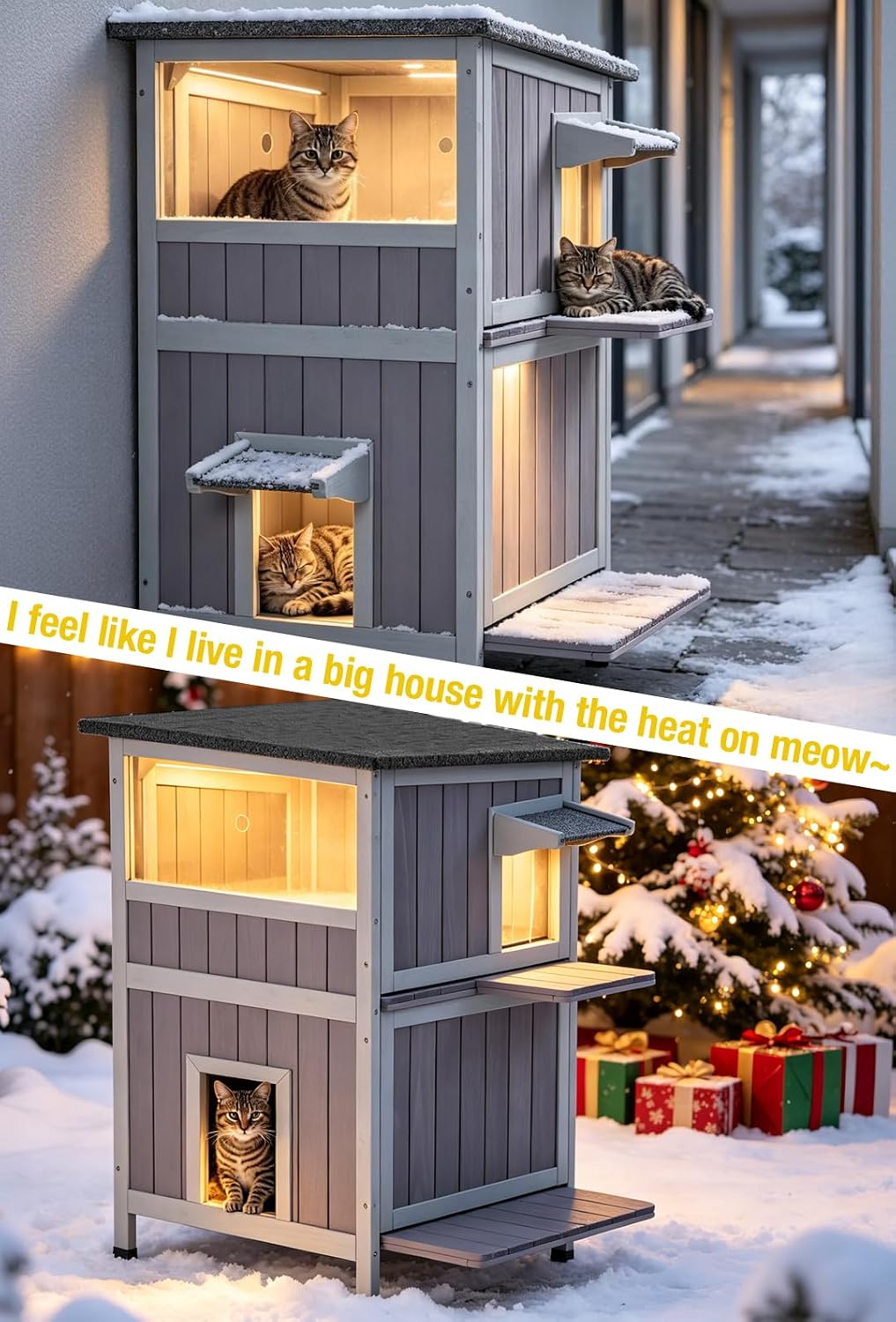 2-Story Heated Cat House Outdoor Indoor Solid Wood Kitty Condo