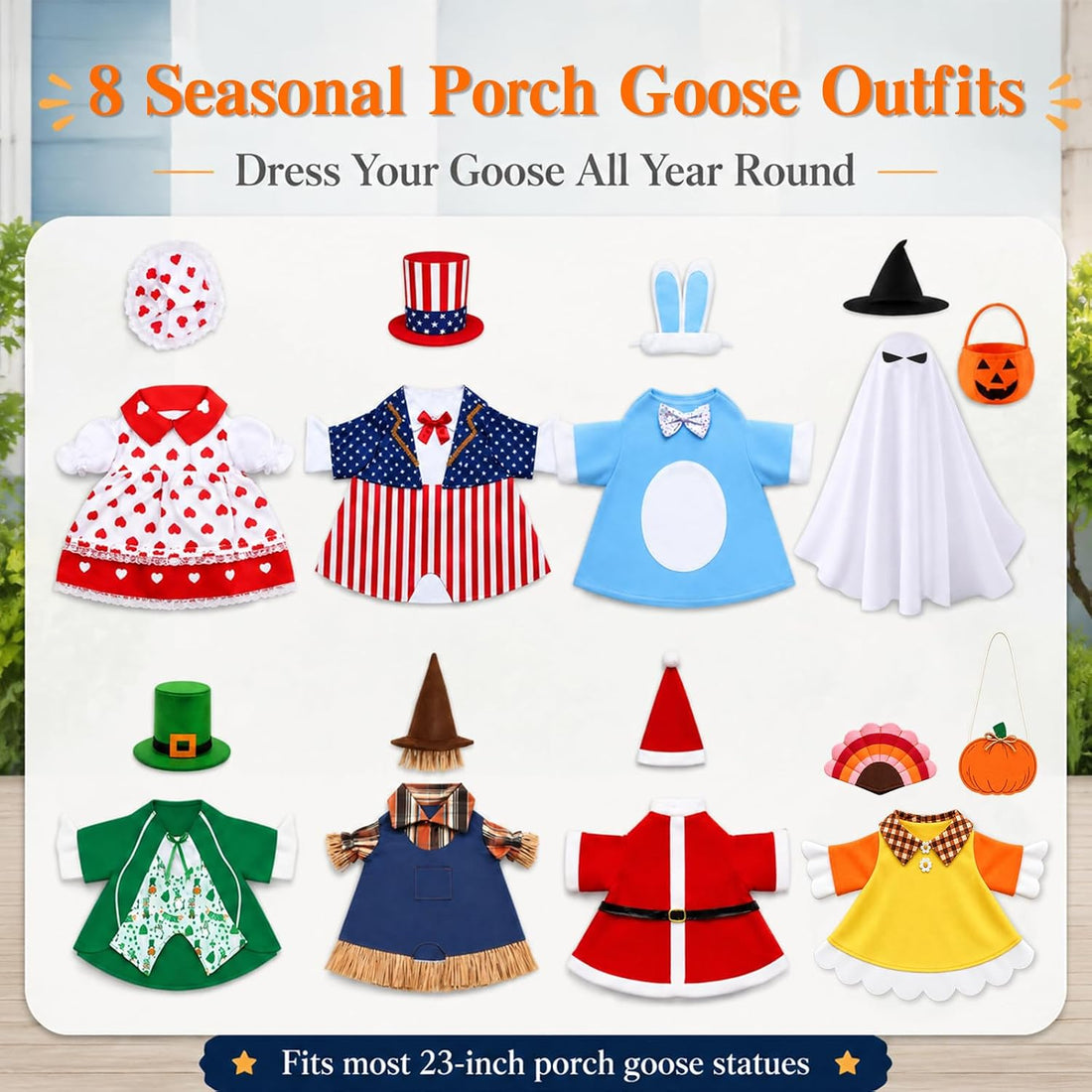 8 Set Holiday Porch Goose Outfits 23 inch All Seasons Goose Clothes