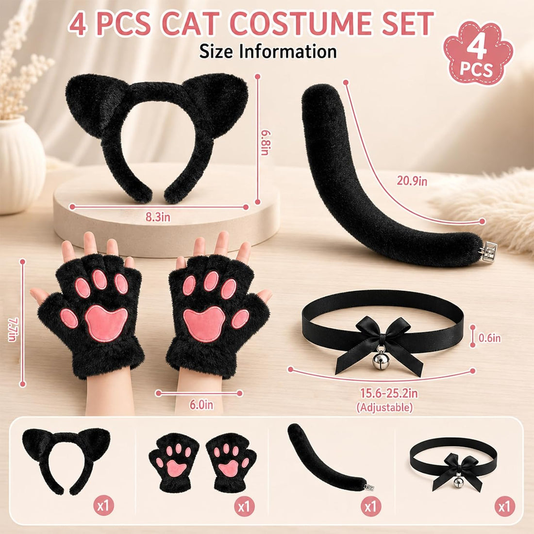 4PCS Black Cat Costumes, Halloween Costume, Cat Ears and Tail Set