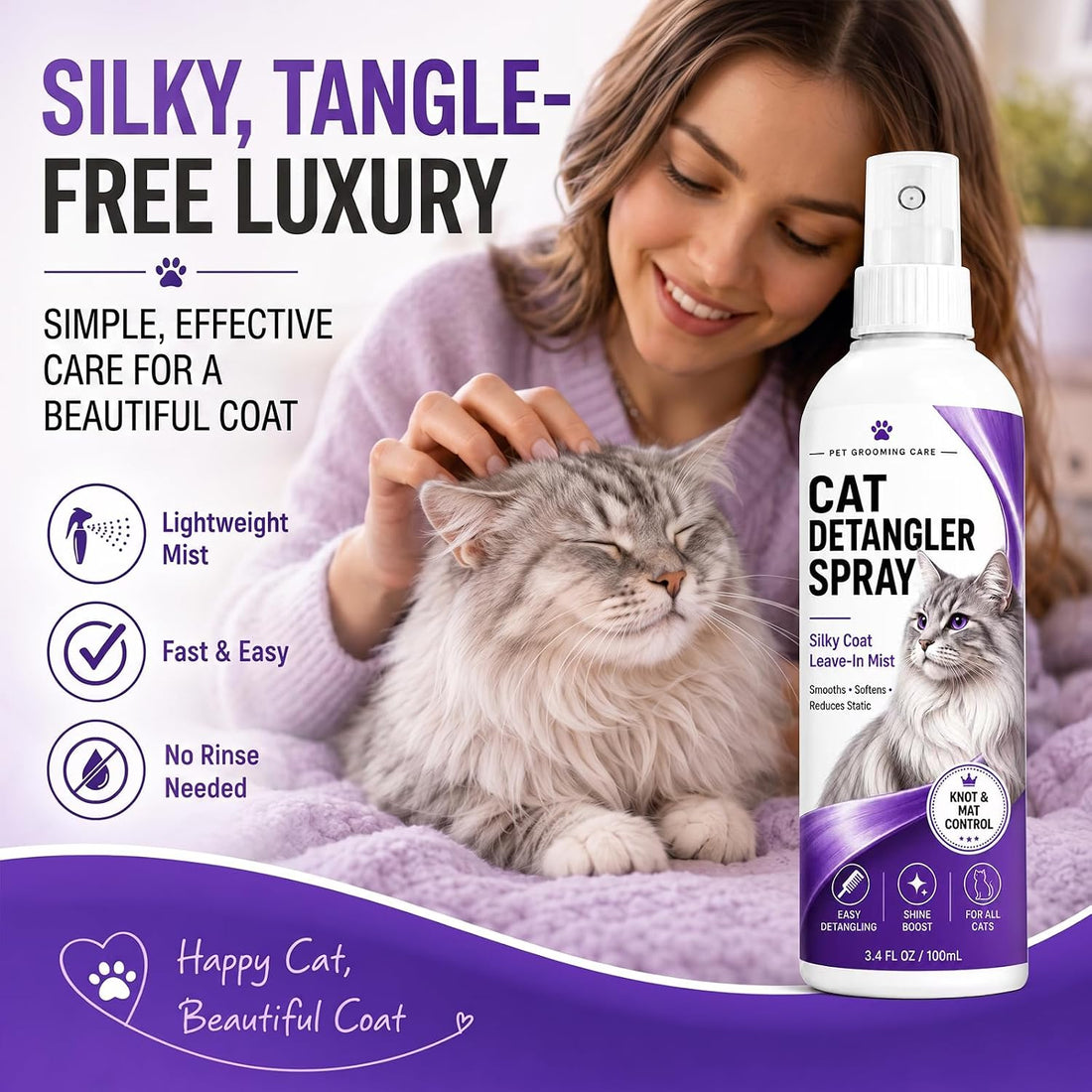 Cat Detangler Spray for Matted Hair, Leave in Pet Conditioner Spray