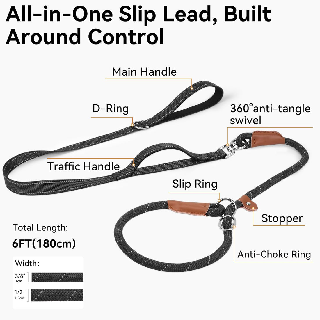 Joytale Slip Lead Dog Leash with Dual Handle, No Pull, Black