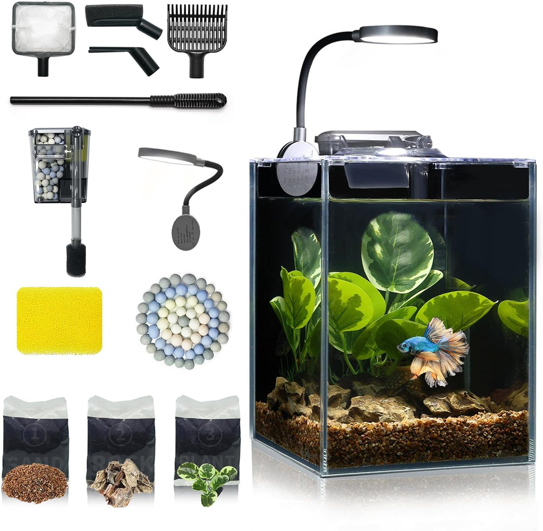 1.25 Gallon Fish Tank Small Glass Aquarium Kit Starter Set Dark