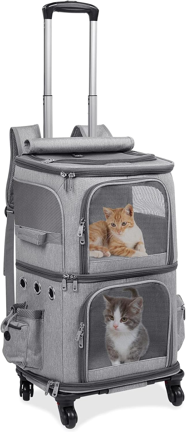 HOVONO Double-Compartment Cat Backpack Carrier with Wheels for 2 Pets