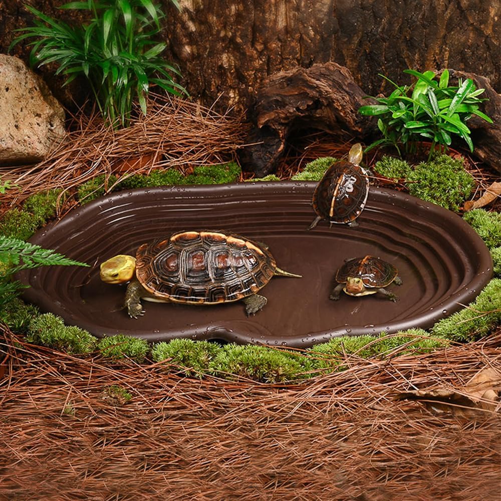 Extra Large Reptile Bathing Pool Reptile Feeding Dish Water Bowl with Ramp Aquarium Ornament for Gecko, Snake, Turtle, Bearded Dragon, Lizard Bath(Black)