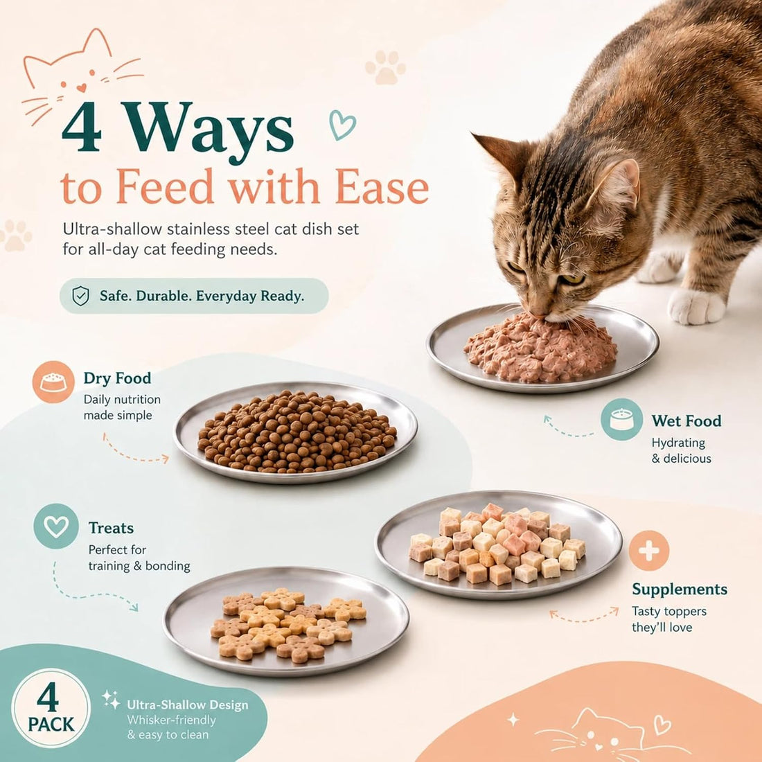 4 Pack Stainless Steel Shallow Cat Bowls,Whisker Safe Cat Plates