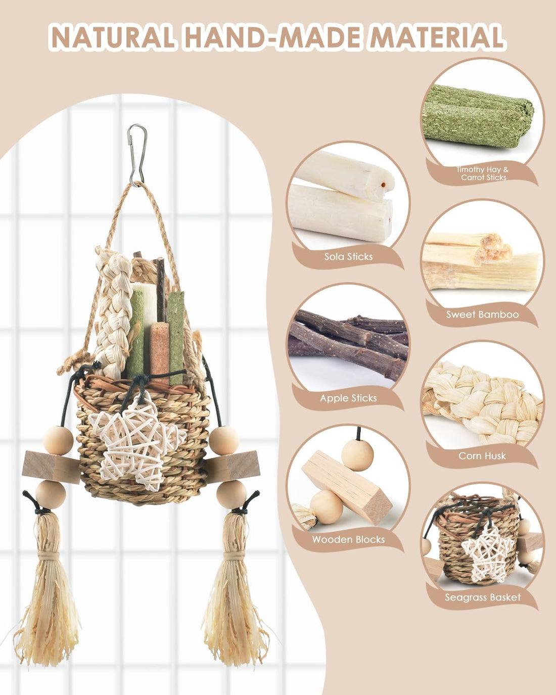 Bissap Bunny Chew Toys, Natural Seagrass Hanging Basket Chews Water