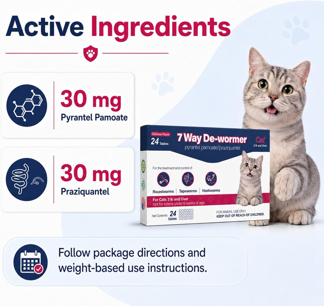 7 Way De-Wormer for Cats, Chicken Flavored Tablets for Roundworms