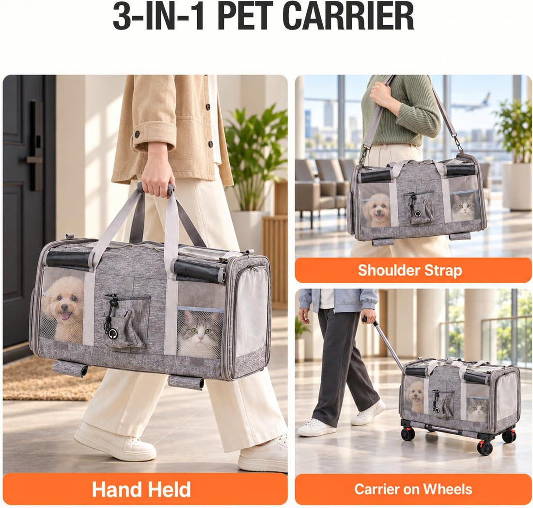 Large Cat Carrier for 2 Cats with Wheels, Double Rolling Pet Carrier