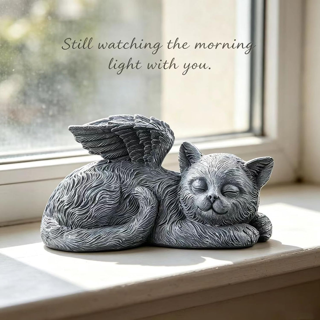 Sleeping Angel Cat Memorial Statue, Resin Figurine with Wings