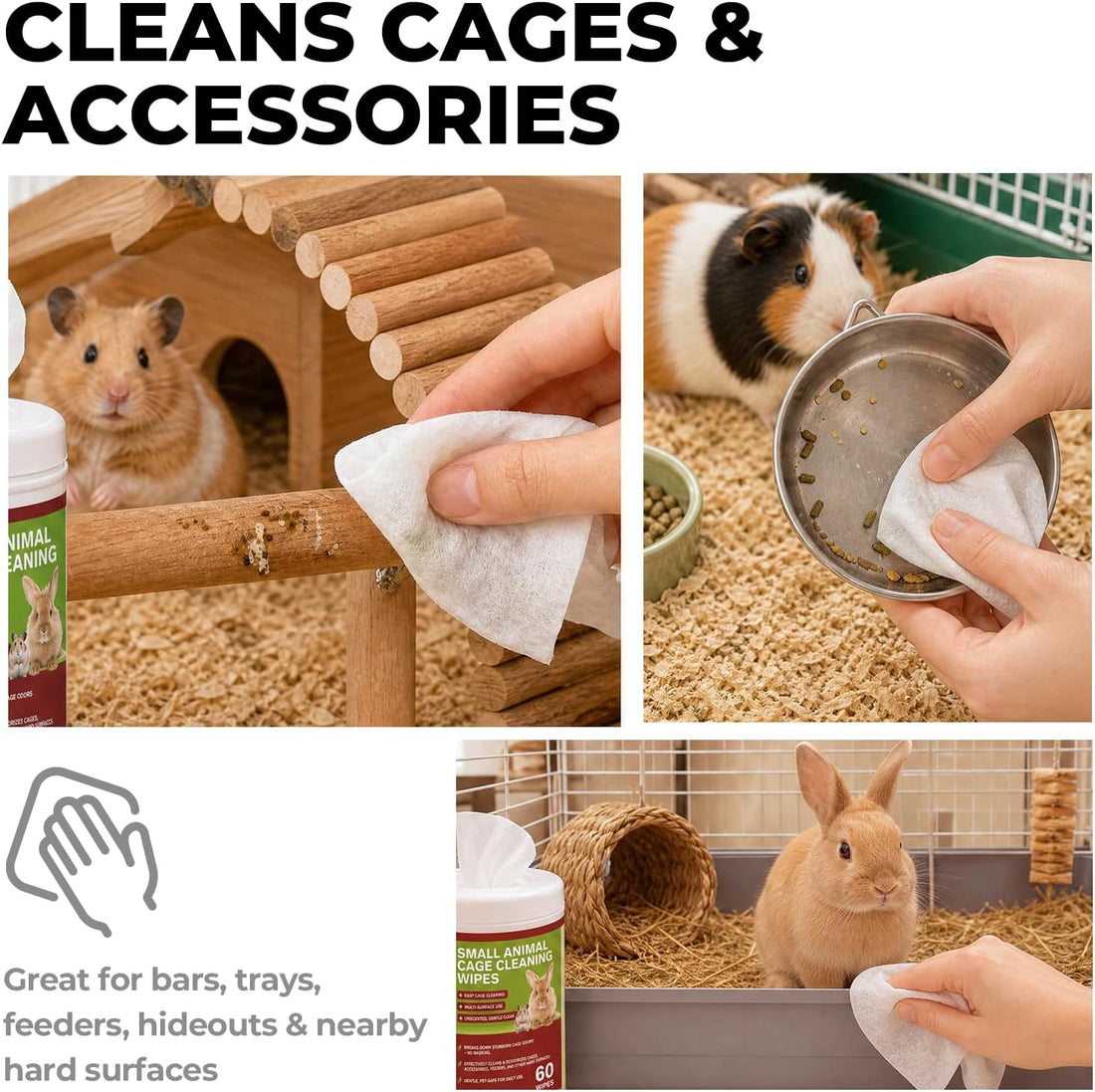 Small Animal Cage Cleaning Wipes, Unscented, 2 Pack 120 Wipes