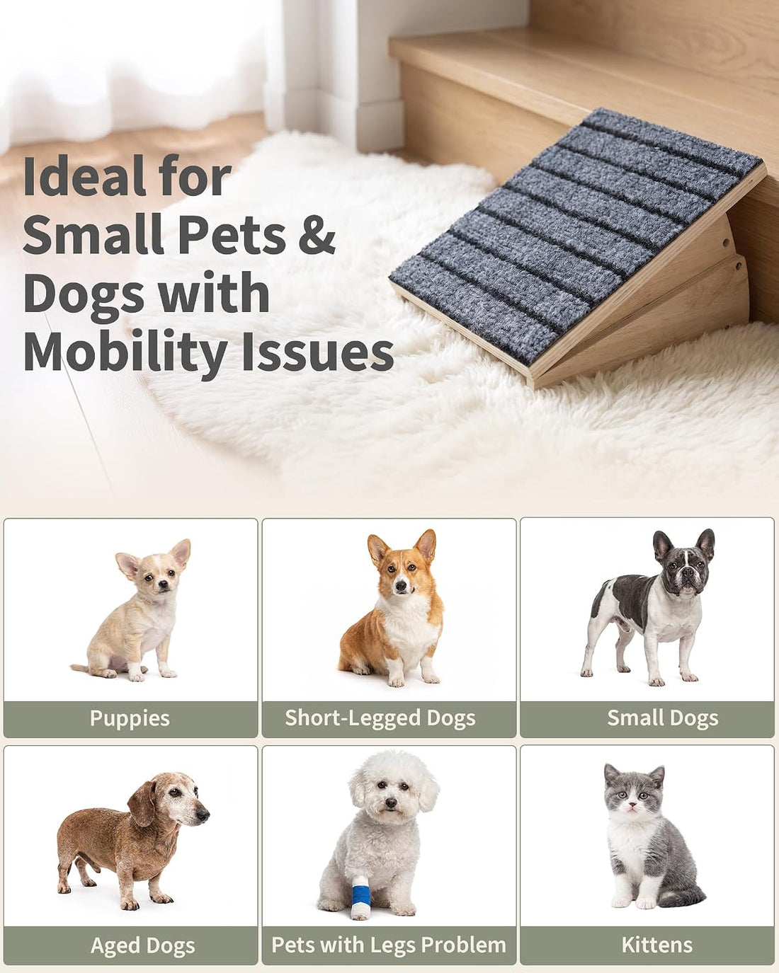 Dog Ramp for Stairs Adjustable, Non-Slip Wooden Pet Steps
