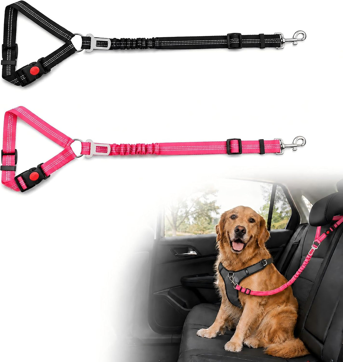 Dog Seat Belt for Car 2 Pack, 3-in-1 Adjustable-Length Bungee Tether