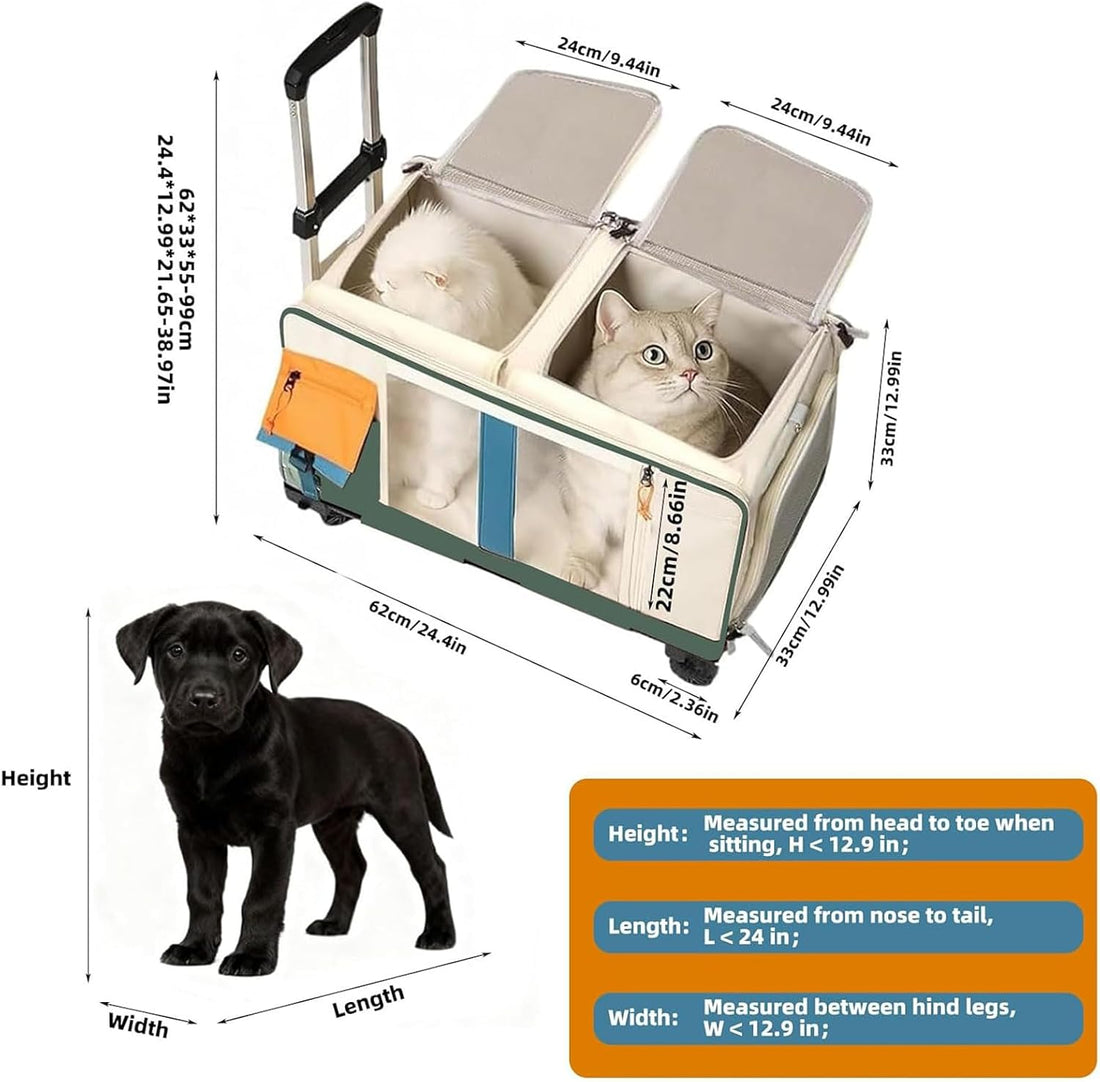 Large Cat Carrier with Wheels, Rolling Folding Soft-Sided for 2 Cats