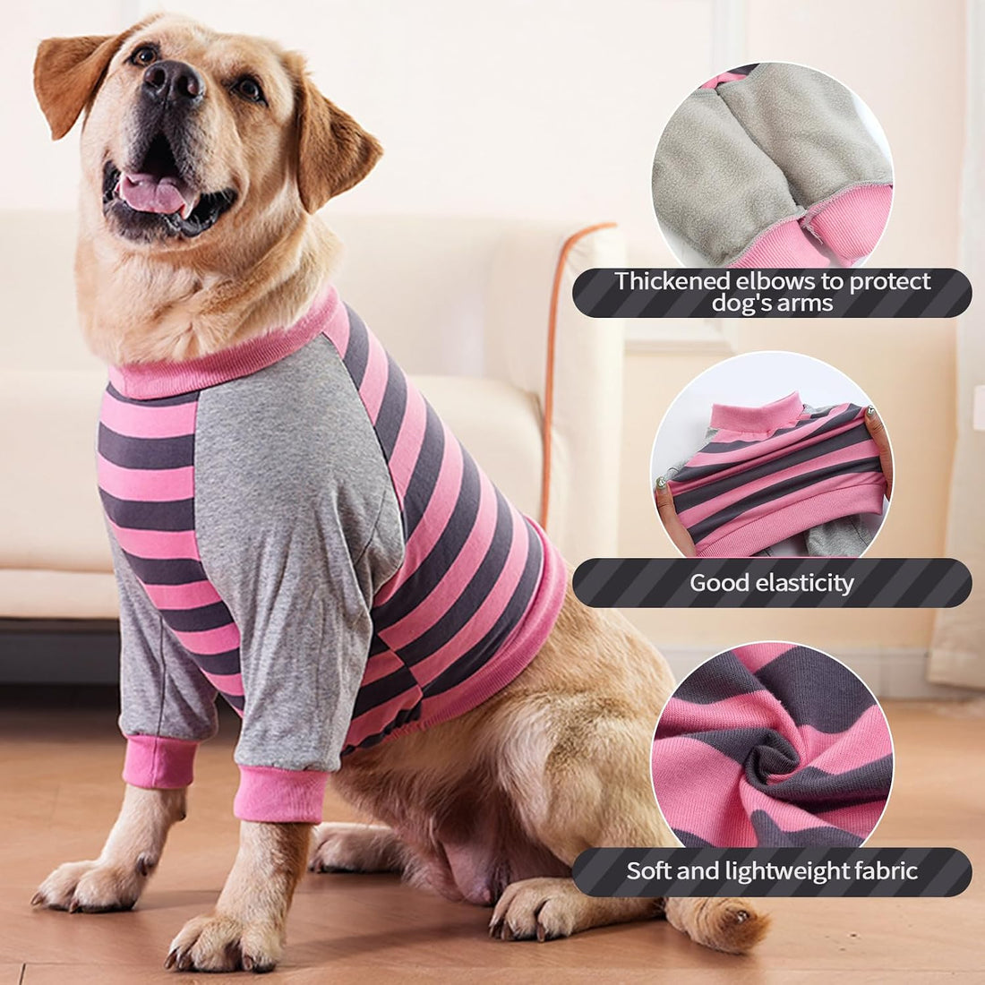 FUAMEY Dog Recovery Sleeve with Elbow Protector, Pink Stripes, L