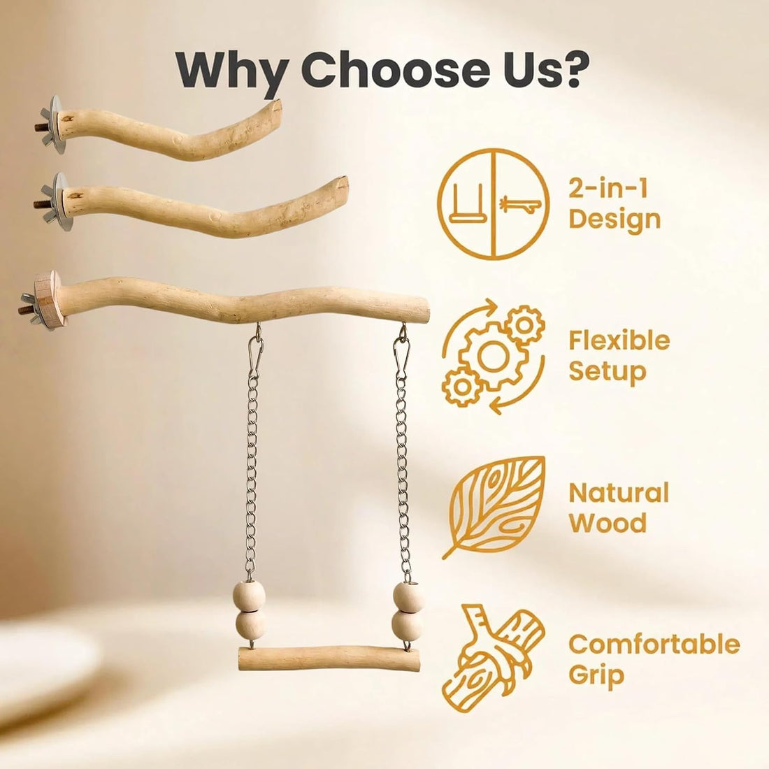 Bird Perch and Swing for Small Birds, Natural Wood Cage Accessories
