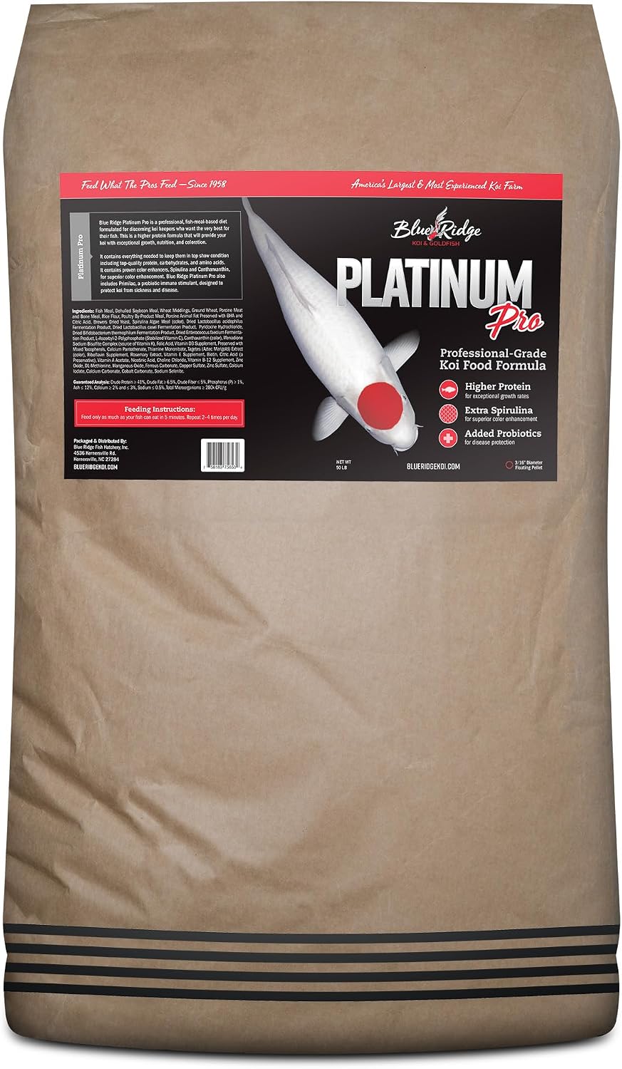 Blue Ridge Koi Platinum Pro 41% Protein Fish Food, 3/16" Pellets