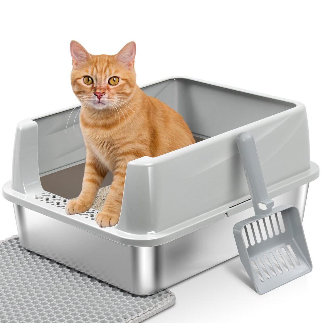 FUTAM Stainless Steel Litter Box with Lid, Metal Litter Box High Sides