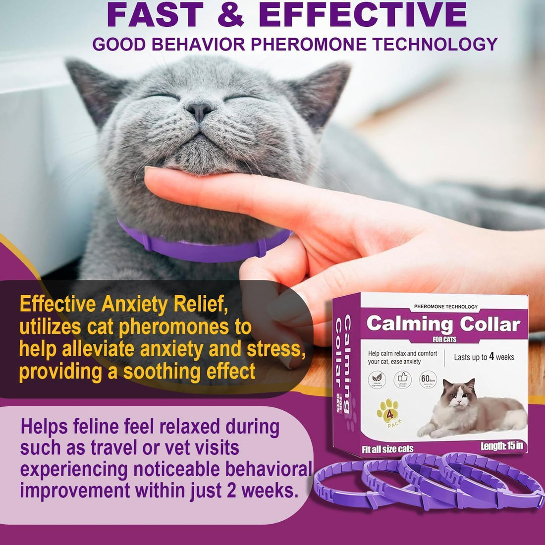 Cat Calming Collars, 4 Pack, 15-Inch Adjustable, Up to 60 Days