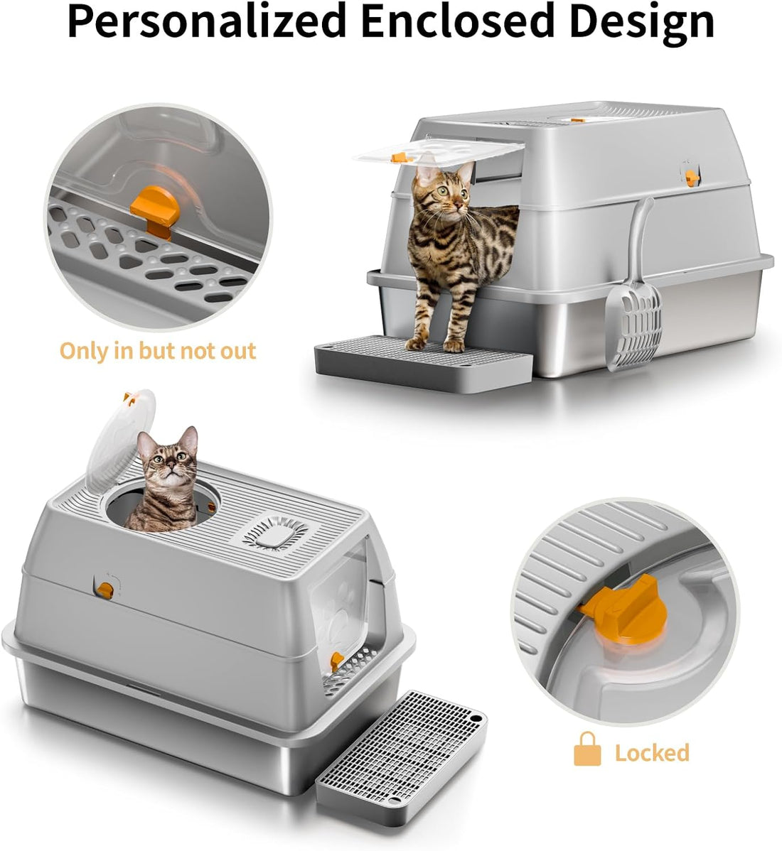 Stainless Steel Cat Litter Box with Removable Lid, XL Enclosed