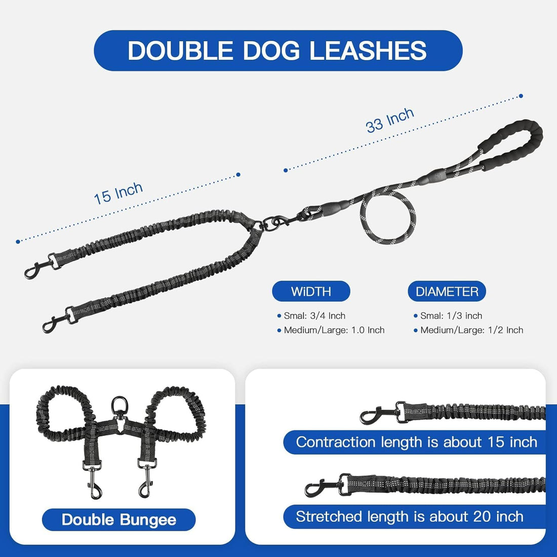 MingXpets Double Dog Leash,360° Swivel Tangle Free Bungee Walking