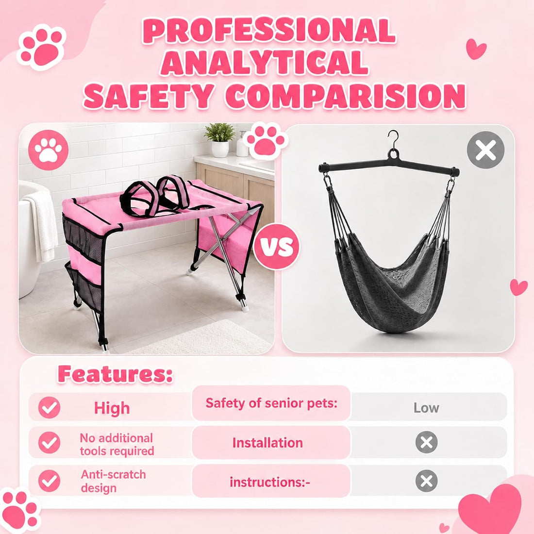 Dog Grooming Hammock with Stand for Small Dogs and Cats, Pink