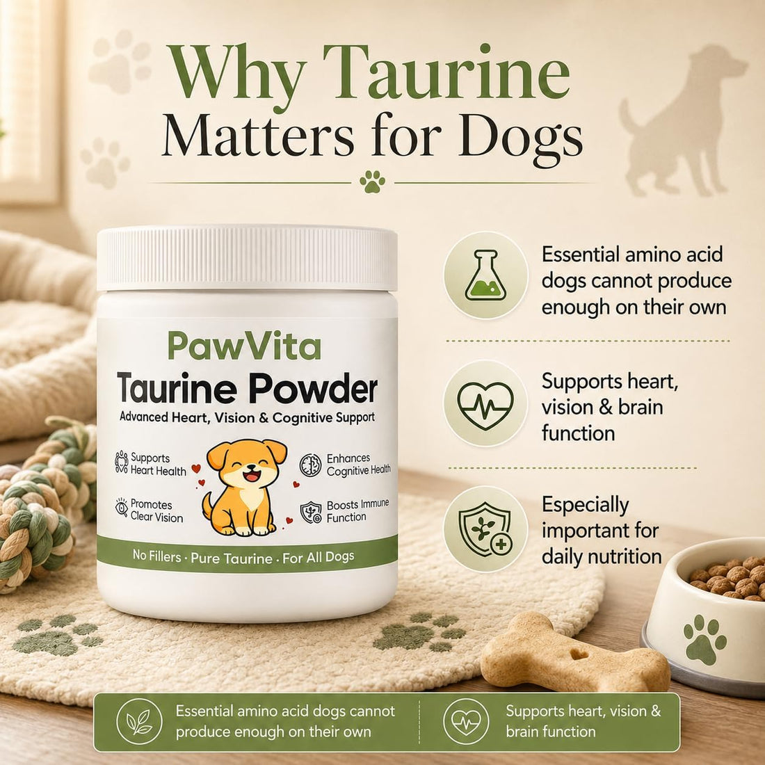 PawVita Pure Taurine Powder for Dogs, 99.9% Pure Taurine