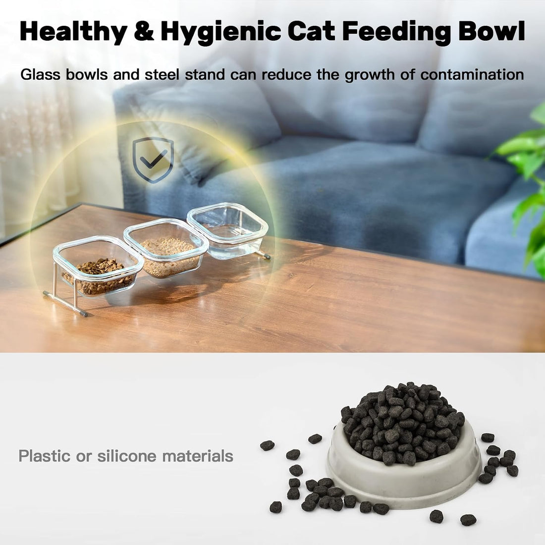 Elevated Cat Bowls, 15° Tilted Glass Raised Cat Food and Water Bowl