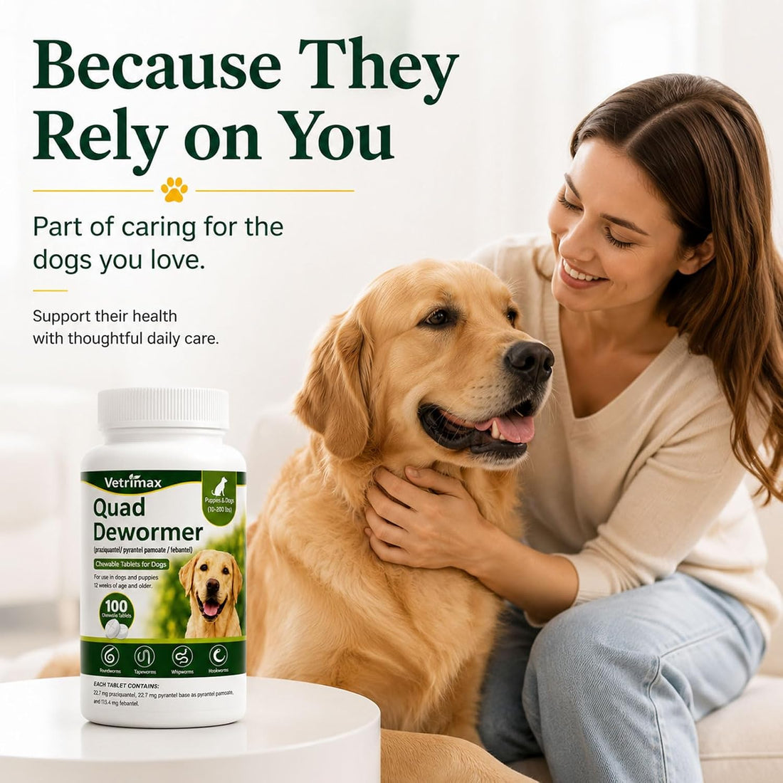 Quad Dewormer for Dogs, 4-Way Wormer for Whipworm, Tapeworm